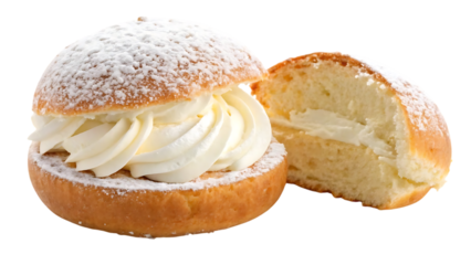 Delicious semla pastry filled with whipped cream and dusted with powdered sugar
