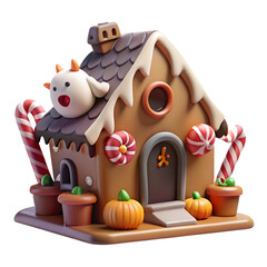 Whimsical gingerbread house with candy and pumpkins isolated on a transparent background