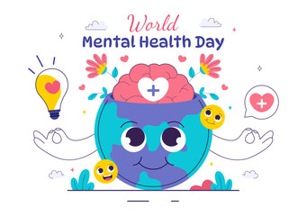 Mental Health Vector Illustration Featuring a Brain and Flowers, Symbolizing Enjoying Life, Solving Mental Problems, and Thinking Positively