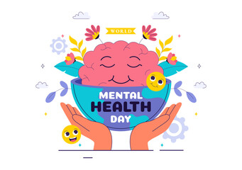 Mental Health Vector Illustration Featuring a Brain and Flowers, Symbolizing Enjoying Life, Solving Mental Problems, and Thinking Positively