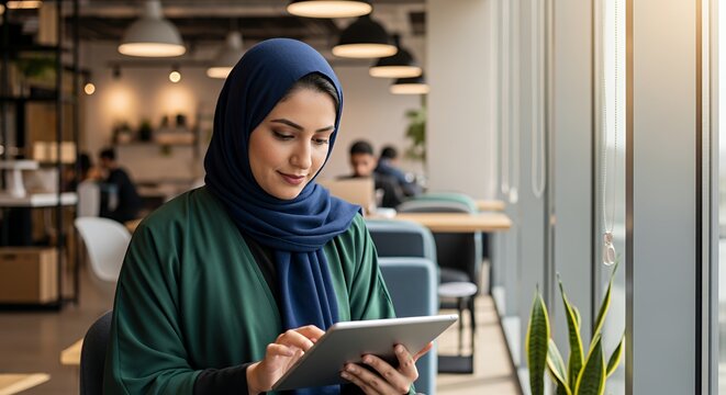 A young woman wearing a hijab uses a tablet computer while sitting in a modern, bright space.