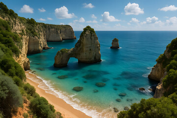 Naklejka premium Stunning coastal landscape with cliffs and turquoise sea on a sunny day