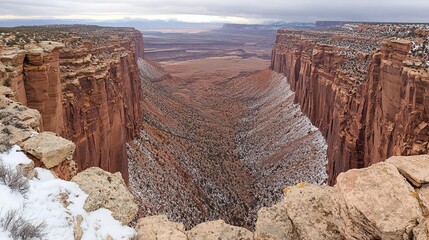 Canyon vista, snow-dusted cliffs, arid landscape