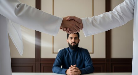 Two men in traditional clothing shake hands over a seated man in a modern setting, symbolizing a business agreement or partnership.