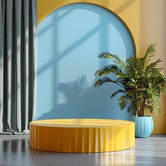 Chic yellow round podium for display design, Yellow glossy platform for product branding, Elegant yellow round podium, Yellow circular podium for luxury product showcase, mockup, product mockup