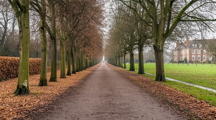 Fototapeta premium A path lined with trees leads to a house