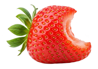 Extreme close up macro photograph of a single ripe red strawberry with a bite taken out fruit