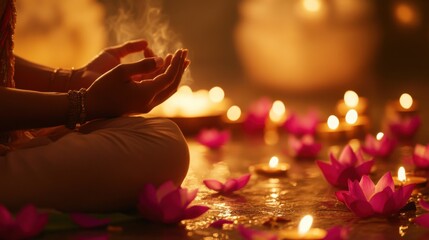 Woman Meditation in Lotus Pose Amidst Glowing Candles and Flowers