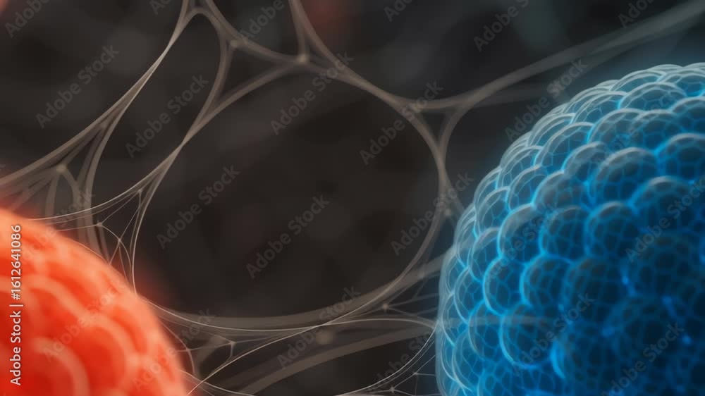 Aufkleber stem cell therapy lab. red and blue spherical cells connected by thin web like fibers forming comple