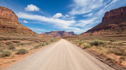Fototapeta premium Dusty road through red rock canyon under a blue sky