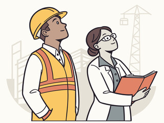 Construction worker and engineer looking up at construction site with crane and buildings