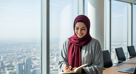 A Muslim businesswoman in a hijab thoughtfully jots down notes in a notebook while sitting near a large window overlooking a cityscape.