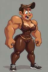 Cartoon Muscular Woman Shocked Standing Flexing Muscles Against Solid Grey Background Fitness And Empowerment Concept