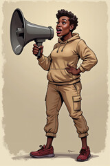 Illustrated Black Woman Empowered Speaking Through Megaphone Against Neutral Textured Background Activism And Communication Concept