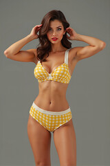 Woman Confident Posing In Gingham Bikini Against Solid Grey Background Summer Fashion And Body Confidence Concept