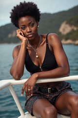  Black Woman Confident Leaning On Boat Railing Overlooking Ocean Luxury Travel Concept