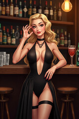 Illustrated Seductive Woman Confident Posing In Black Bodysuit Against Bar Background Fantasy Nightlife Concept