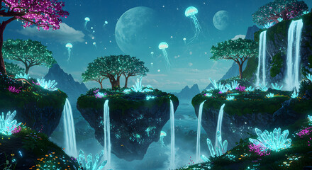 Surreal dreamscape of a fantastical alien world with floating islands, glowing waterfalls, and bioluminescent life.