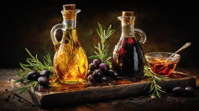 Aromatic olive oil and balsamic vinegar in glass bottles. - Powered by Adobe