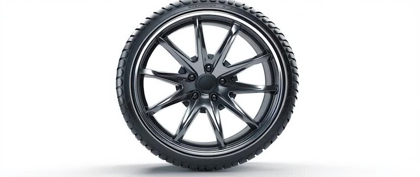 Anamorphic video single car tire on a white background, the tread pattern clearly visible. Ideal for automotive, transportation, vehicles, spare parts, and maintenance.