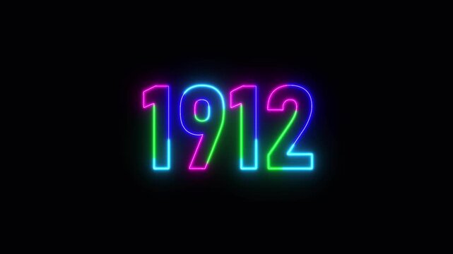 1912 neon line text. Abstract 1912 neon text animation ,For neon color Glowing neon number text background 4k video animation .Digital font against a dark background with neon line looping animation.