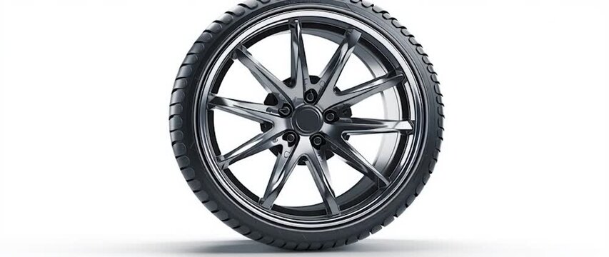 Anamorphic video single car tire on a white background, the tread pattern clearly visible. Ideal for automotive, transportation, vehicles, spare parts, and maintenance.