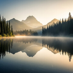 Fototapeta premium Scenic mountain lake with calm water reflecting pine forest at early sunrise, misty air, wide-angle view, capturing peaceful mirror effect and tranquil natural beauty.
