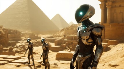 Futuristic Explorers Amidst Ancient Pyramids: A Sci-Fi Adventure in the Egyptian Desert
