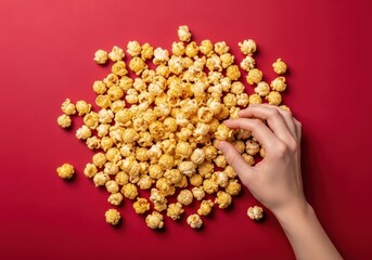 Hand reaching for pile of golden caramel popcorn on red snack food