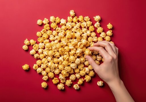 Hand reaching for pile of golden caramel popcorn on red snack food