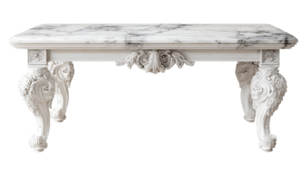 Classic marble dining table with ornate carved legs, background isolated on a Transparent background, PNG file.