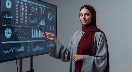 A confident businesswoman in traditional attire presents financial data on a large screen, showcasing modern technology and cultural diversity in the workplace.
