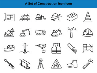 Line drawing features various construction tools, vehicles, safety equipment against a transparent background