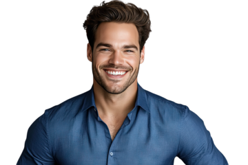 Portrait Of A Handsome Man Smiling And Looking At The Camera He Is Wearing A Blue Shirt And Has A Light Beard
