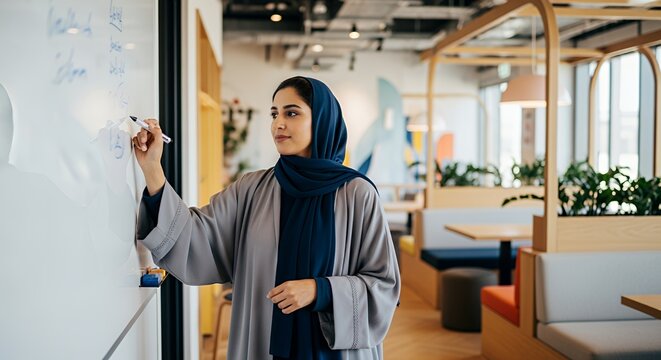 A woman in a hijab thoughtfully writes on a whiteboard during a brainstorming session in a modern, bright .
