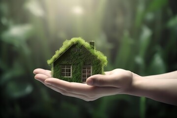 Eco-Friendly Home Concept: Hand Holding Green House Model, Sustainable Living, Environmental Awareness, Green Building Design, Nature Background