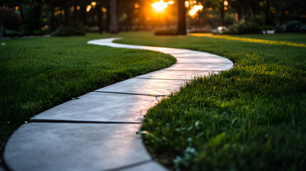 Serpentine Stone Pathway Illuminated by Golden Sunset Light in Lush Green Garden