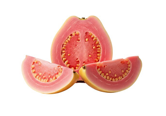 Pink guava cut in half with two slices on fruit tropical