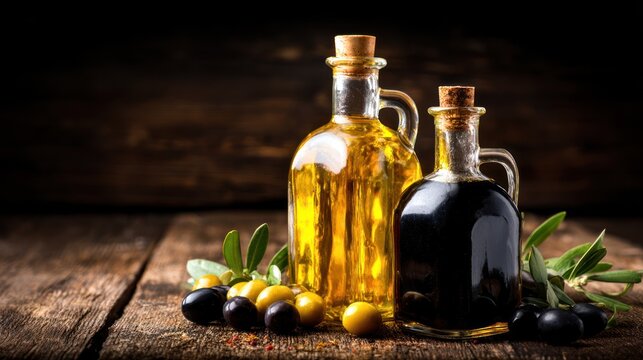 Two bottles of cooking oil and balsamic vinegar on a rustic wooden table. - Powered by Adobe