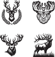 Obraz premium A set of four elegant black and white vector illustrations of deer heads with antlers in various artistic styles. Perfect for logo design, tattoos, emblems, badges, and wildlife-themed artwork. 