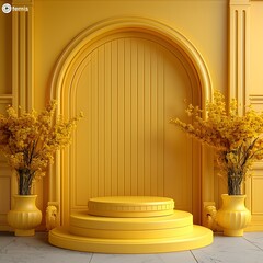 Yellow glossy platform for product branding, Elegant yellow round podium, Yellow circular podium for luxury product showcase, mockup, product mockup
