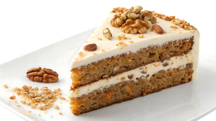 Delicious slice of carrot cake with cream cheese frosting and walnuts