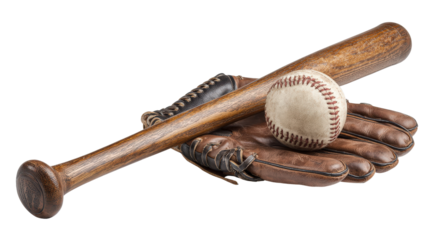 Classic wooden baseball bat and leather glove with ball, background isolated on a Transparent background, PNG file.