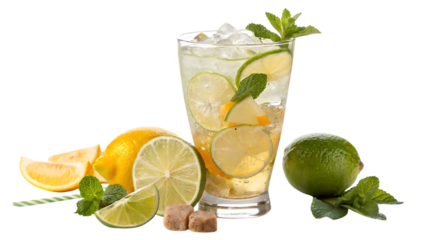 Refreshing mojito cocktail with lime mint and ice on black background