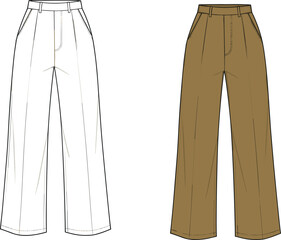High waist wide leg pants template, fashion flat sketch, front view, brown and white color, women’s trousers design, technical drawing, editable