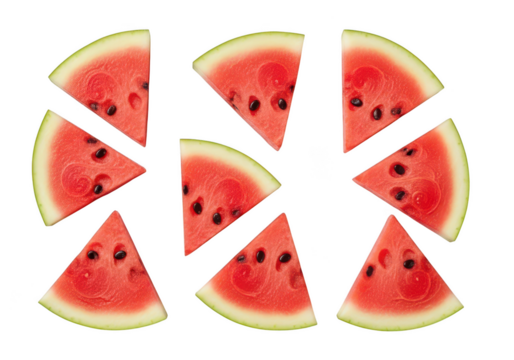 Seven Slices of Watermelon Arranged in a Circle on fruit food
