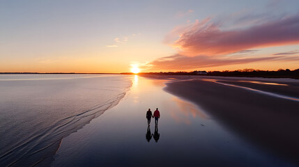Silhouetted Couple Holding Hands Walking on Reflective Beach at Sunset