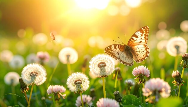 Fototapeta Butterfly in flight above a sunlit field of dandelions and clover