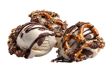 Naklejka premium Decadent chocolate pretzel‑crunch ice‑cream scoop with salted pretzel shards and rich cocoa drizzle, isolated on crisp transparent PNG background—premium cutout element for dessert menus, packaging