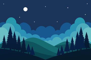 Fototapeta premium Stylized flat design landscape of pine trees under a starry night sky with a full moon